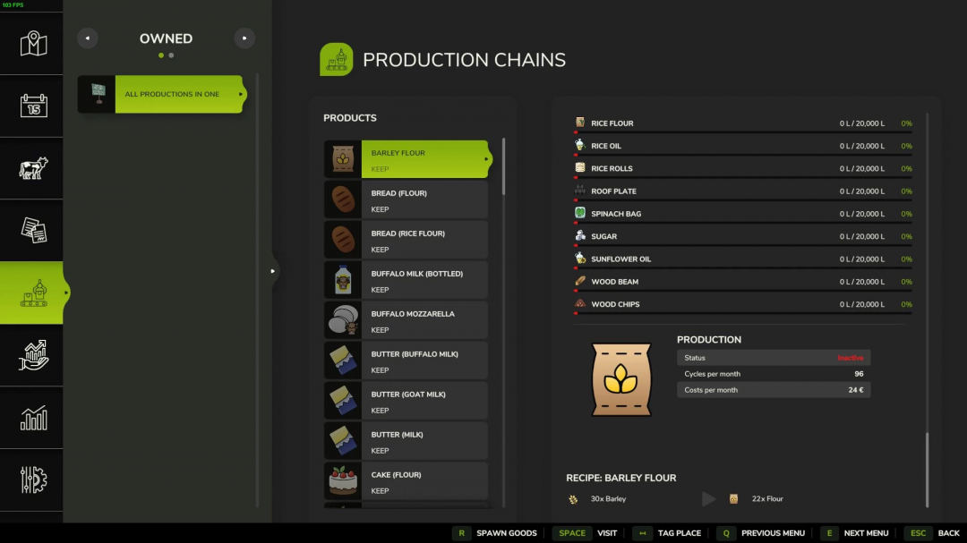 Screenshot of Farming Simulator 25 mod 'All Productions in One v1.0.0.0' showing production chains and various farm products like barley flour.