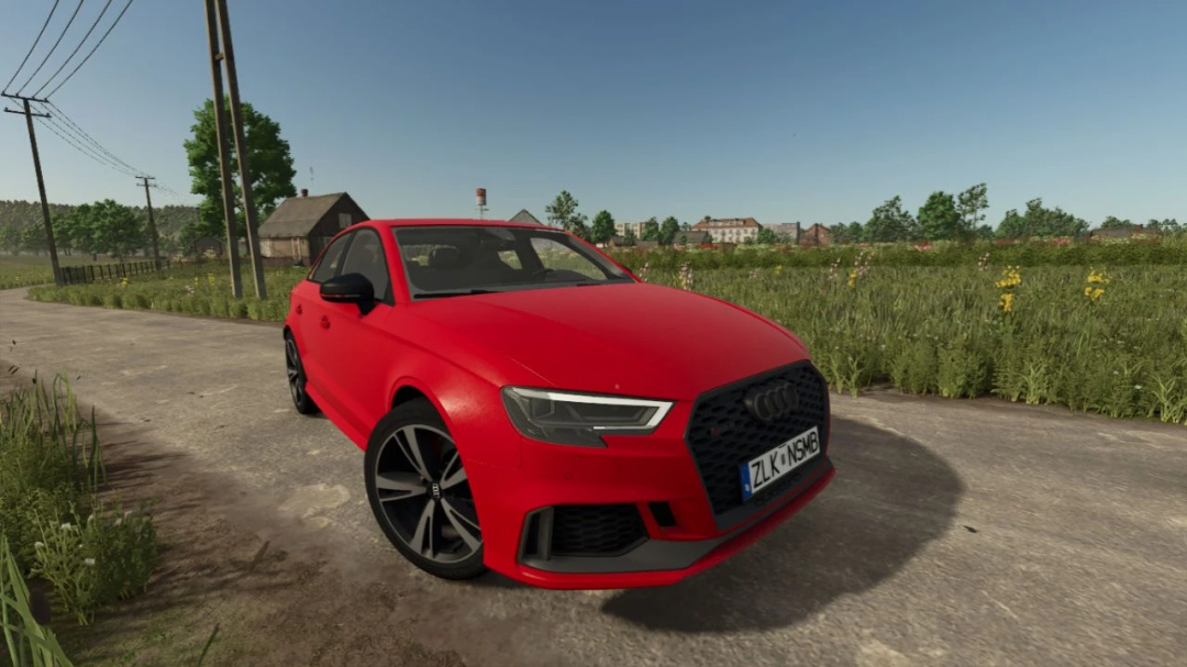 Red Audi RS3 2020 car in Farming Simulator 25 mod game, detailed vehicle model on rural road, showcasing FS25 mods.