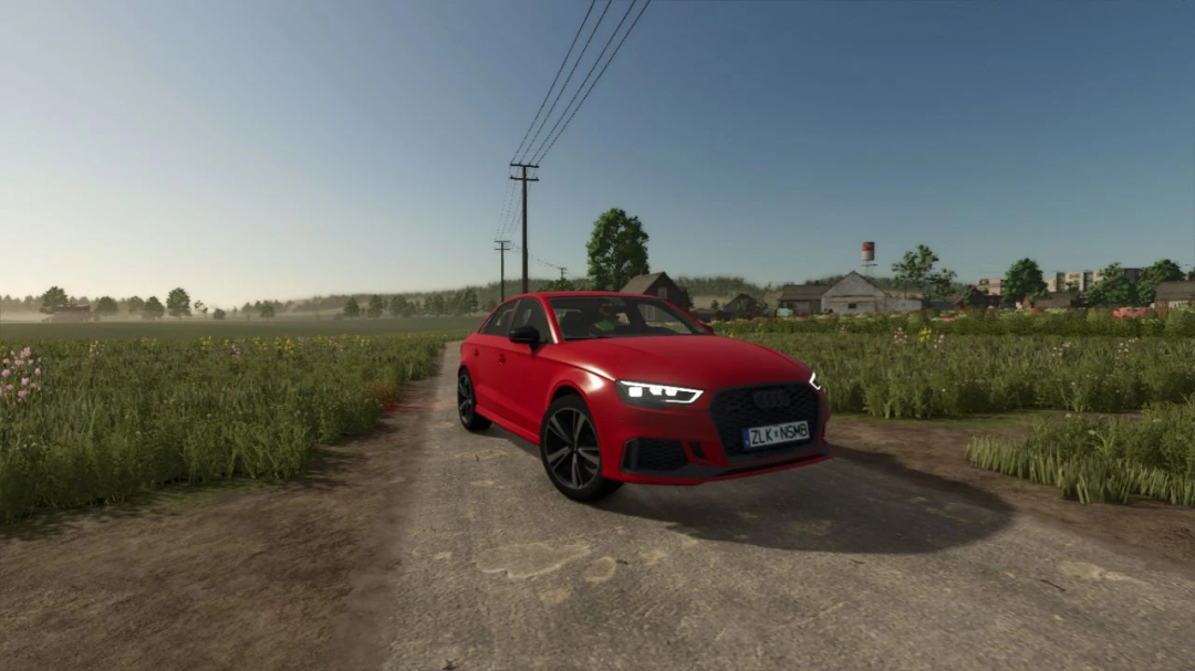 In Farming Simulator 25, a red Audi RS3 2020 mod is parked on a rural dirt road with fields and a village in the background.