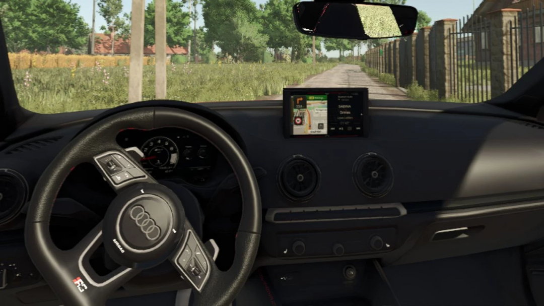 Inside view of an Audi RS3 2020 from FS25 mods, showing the steering wheel, dashboard, and in-game navigation screen.