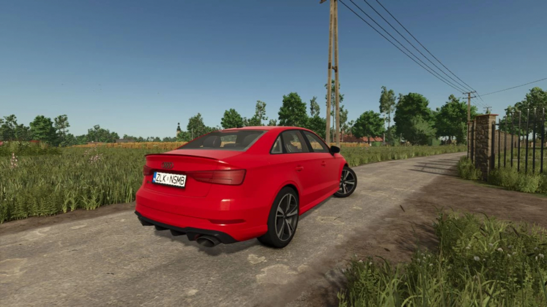 Red Audi RS3 2020 mod from Farming Simulator 25, parked on a rural road surrounded by greenery.