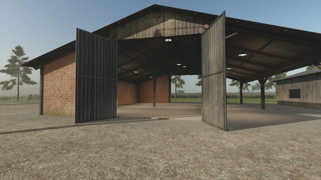 Farming Simulator 25 mod: BR Small Shed v1.0.0.0, a versatile farm storage shed with open doors and mixed brick and metal construction for FS25.