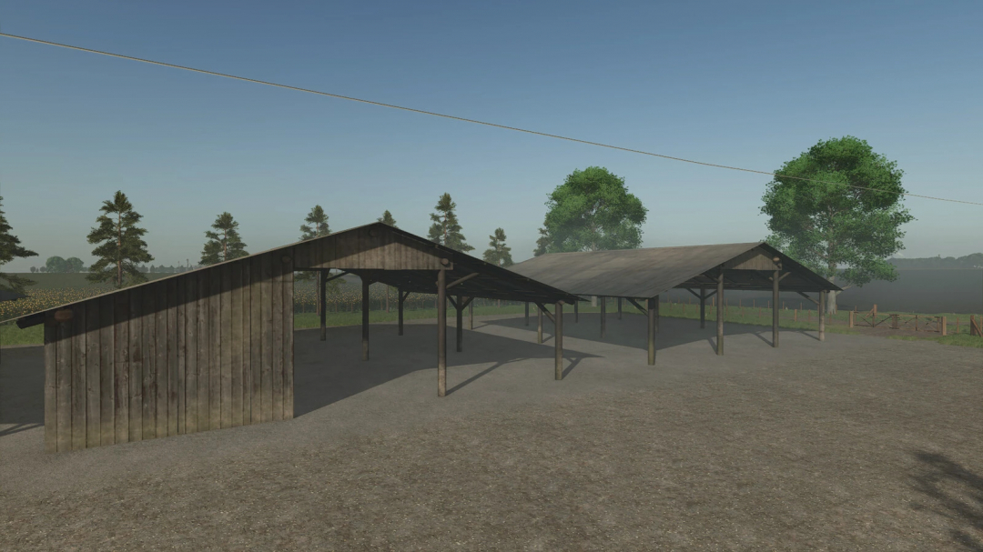 Rustic wooden farming shed in Farming Simulator 25, part of FS25 mods, with a gravel ground and trees in the background.