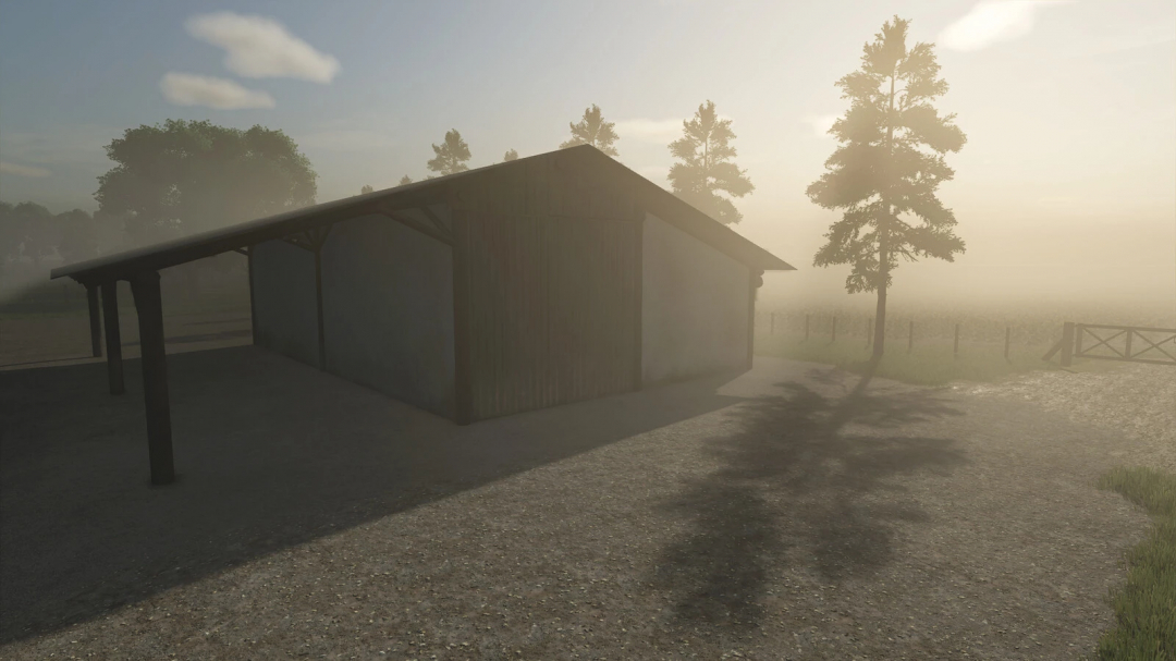 Farming Simulator 25 mod: BR Small Shed v1.0.0.0, wooden shed in a foggy farm setting, ideal for storage in Farming Simulator 25.