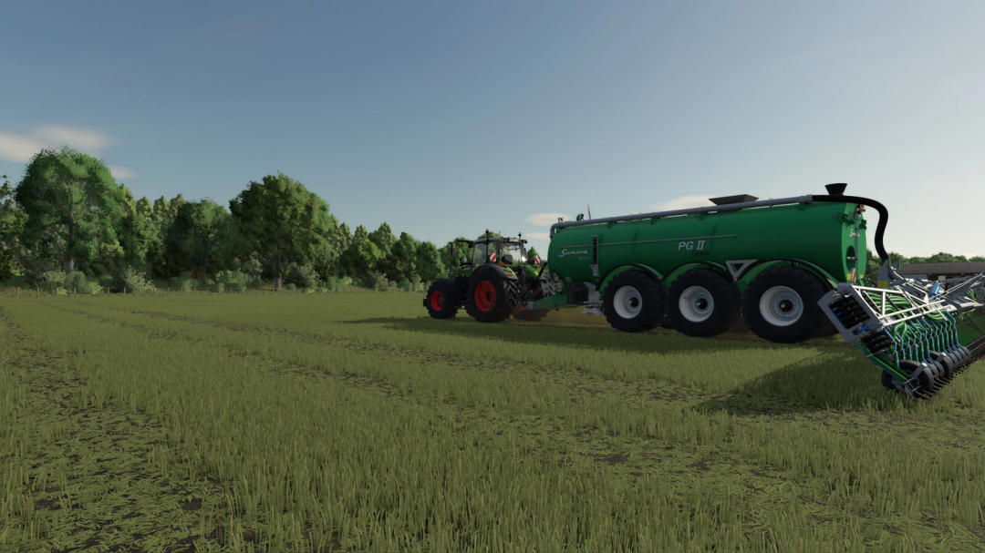 Farming Simulator 25 mod showcasing the Bomech Pack v1.0.0.0 with a green PG II tanker trailer attached to a tractor in a field.