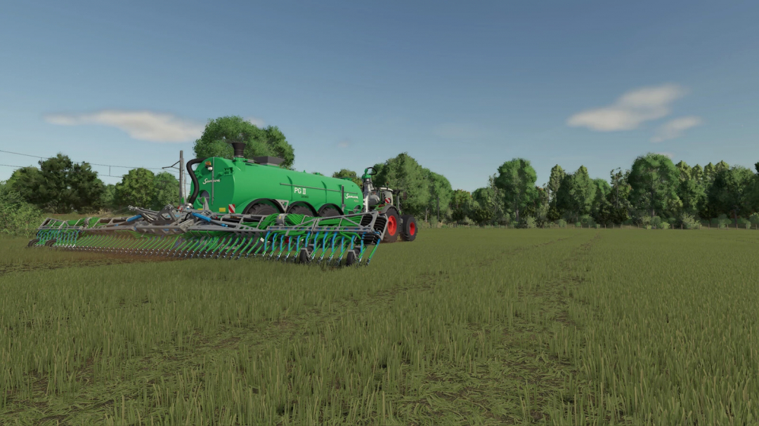 Farming Simulator 25 mod showing a green Bomech Pack v1.0.0.0 spreader in a field with trees in the background