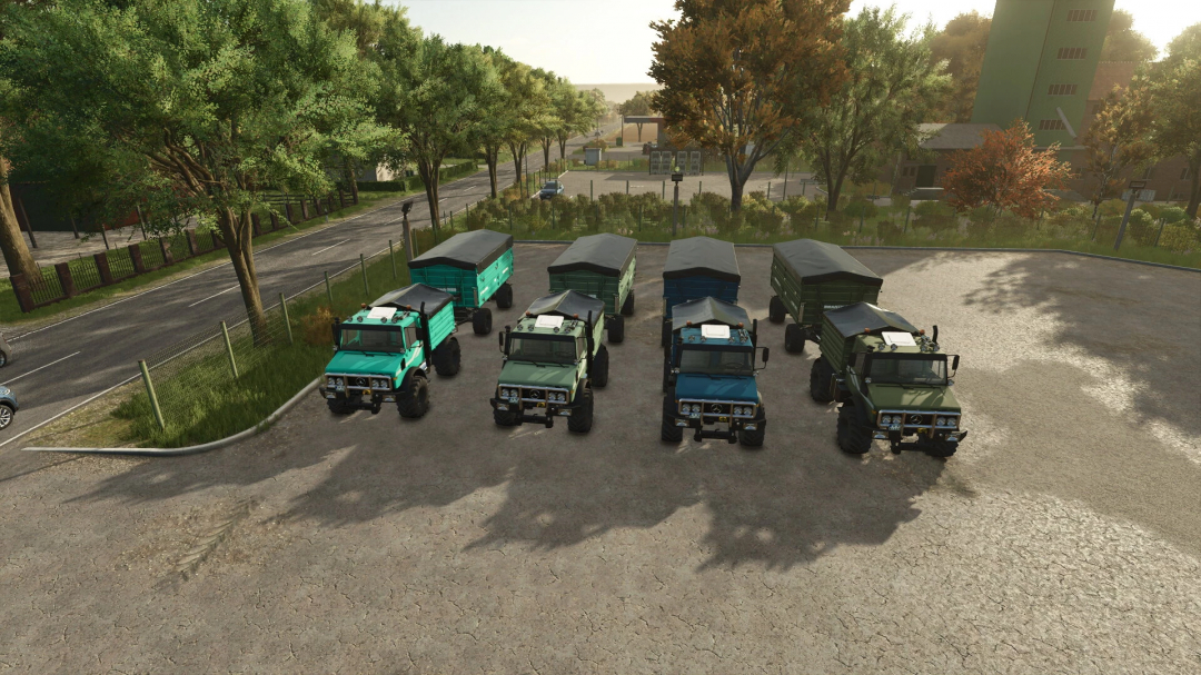 Farming Simulator 25 mods: Brantner Z18051 v1.0.0.0 trucks with green and blue covers, parked in a lot with trees and industrial buildings background.