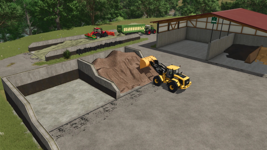 Farming Simulator 25 mod showing a loader, sand, and storage areas with the Bunker Wall Set v1.0.0.0.