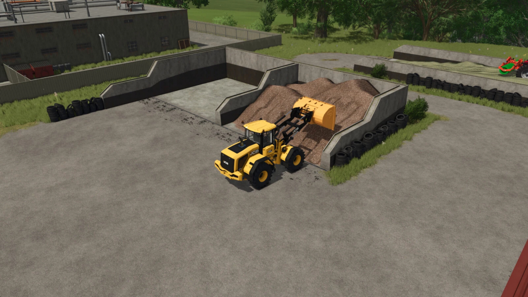 Farming Simulator 25 mod image of a JCB loader filling a sand or gravel bunker in the bunker wall set v1.0.0.0.