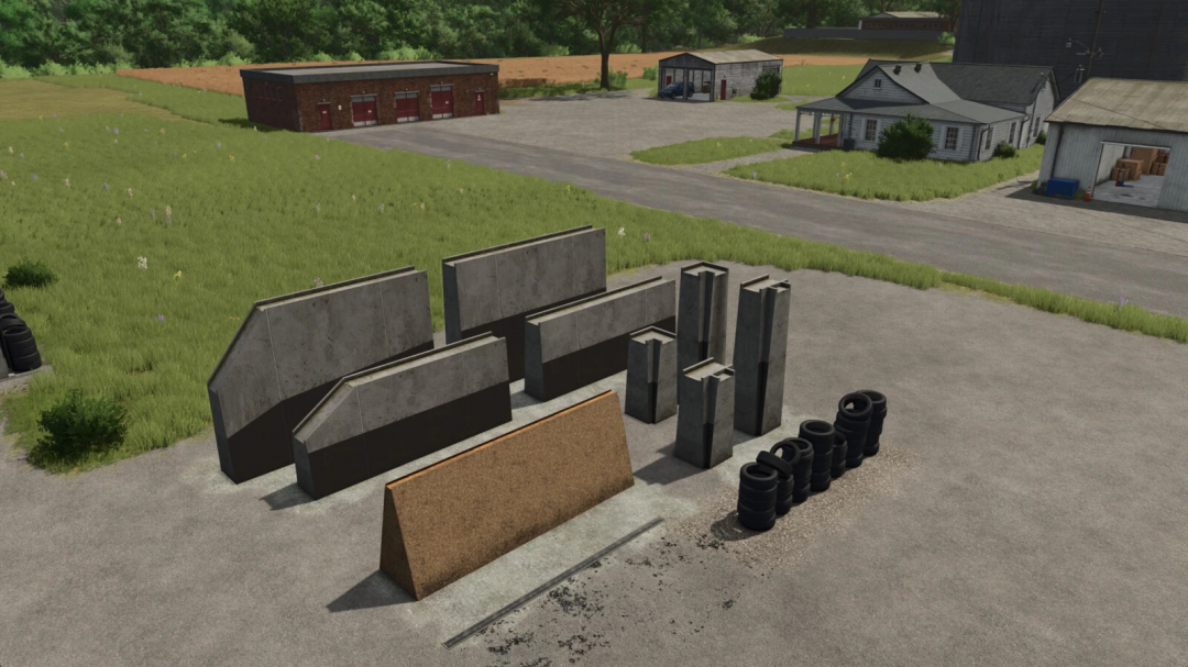 Farming Simulator 25 mods: Bunker Wall Set v1.0.0.0, concrete walls, tires, and other construction elements for farm buildings.
