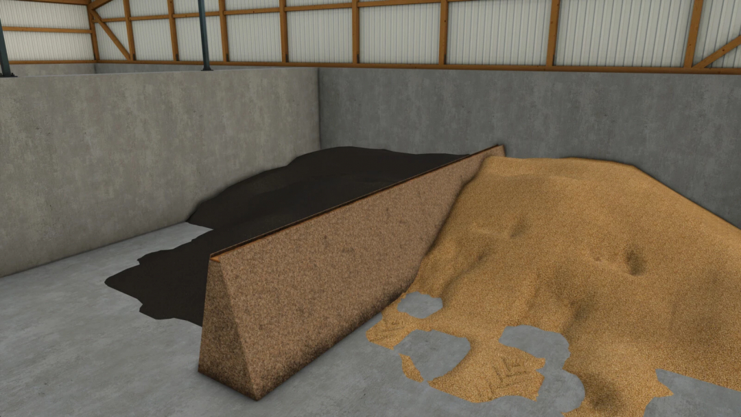 Farming Simulator 25 mods: Bunker Wall Set v1.0.0.0 with sand, gravel, and dirt stored inside a barn.
