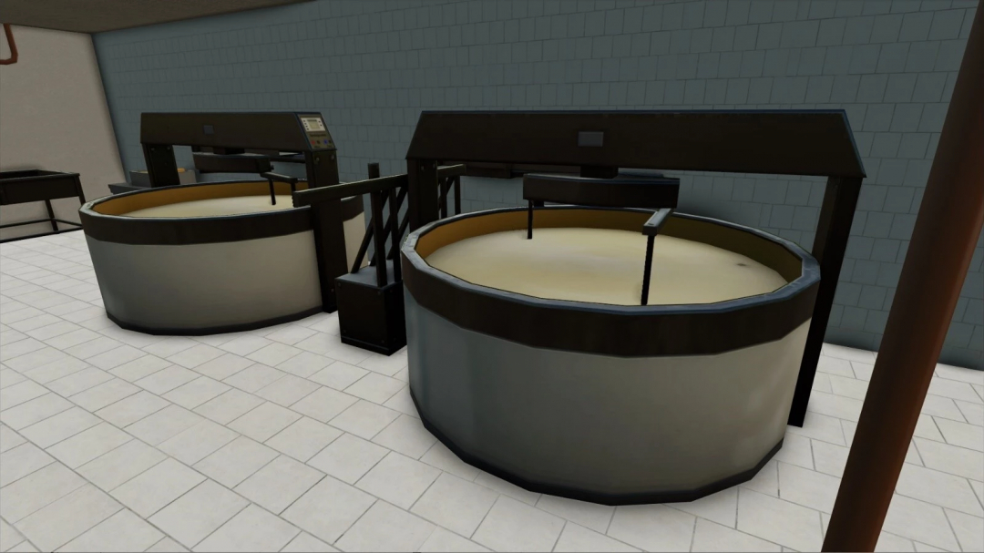 In-game image of dairy production tanks from Farming Simulator 25 mods, showcasing milk processing equipment.