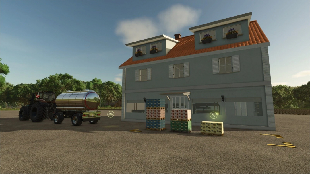 Farming Simulator 25 mod scene with dairy production setup, tractor, feed pallets, and house in the background.