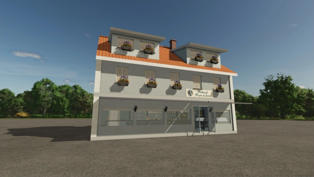 Farming Simulator 25 mod: Dairy Production v1.0.0.0 building with flower boxes and a sign for dairy business.