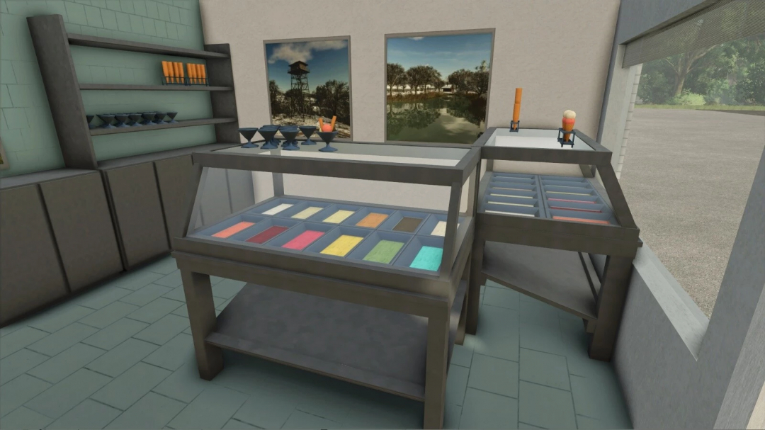 Ice cream display and toppings station inside a dairy shop in Farming Simulator 25, part of FS25 mods.