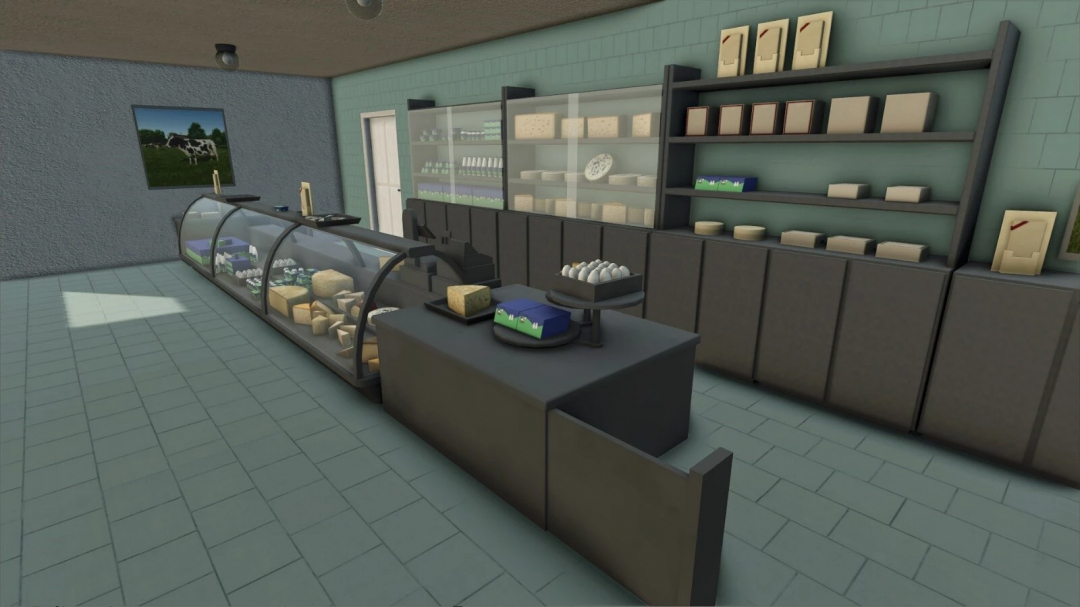 Indoor dairy shop scene from Farming Simulator 25 with cheese, eggs, and dairy products, showcasing FS25 mods.