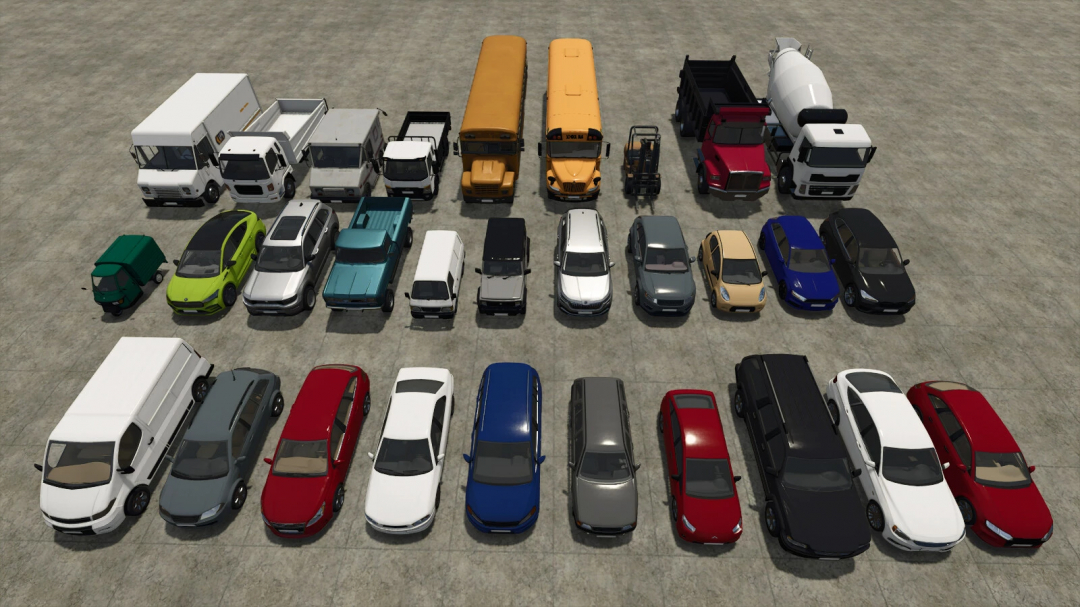 Farming Simulator 25 mods: Decorative Car Pack v1.0.0.0 with various cars and utility vehicles in the parking lot.