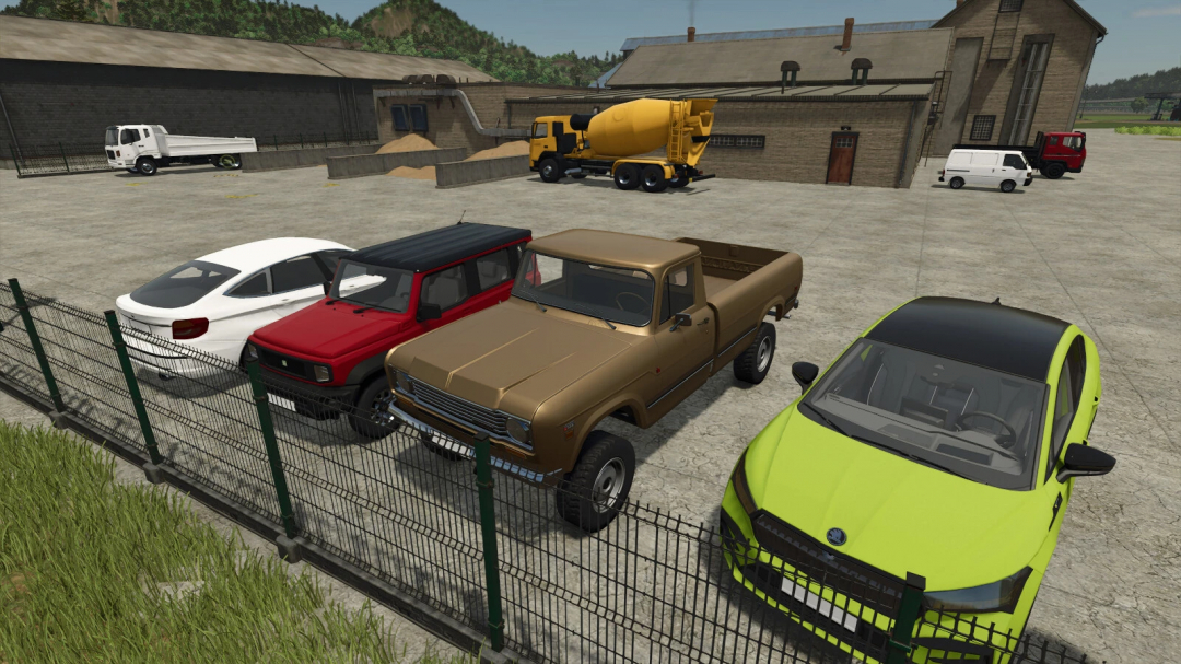 Farming Simulator 25 mods featuring a variety of cars including a yellow electric vehicle, a vintage truck, and a red off-road vehicle.