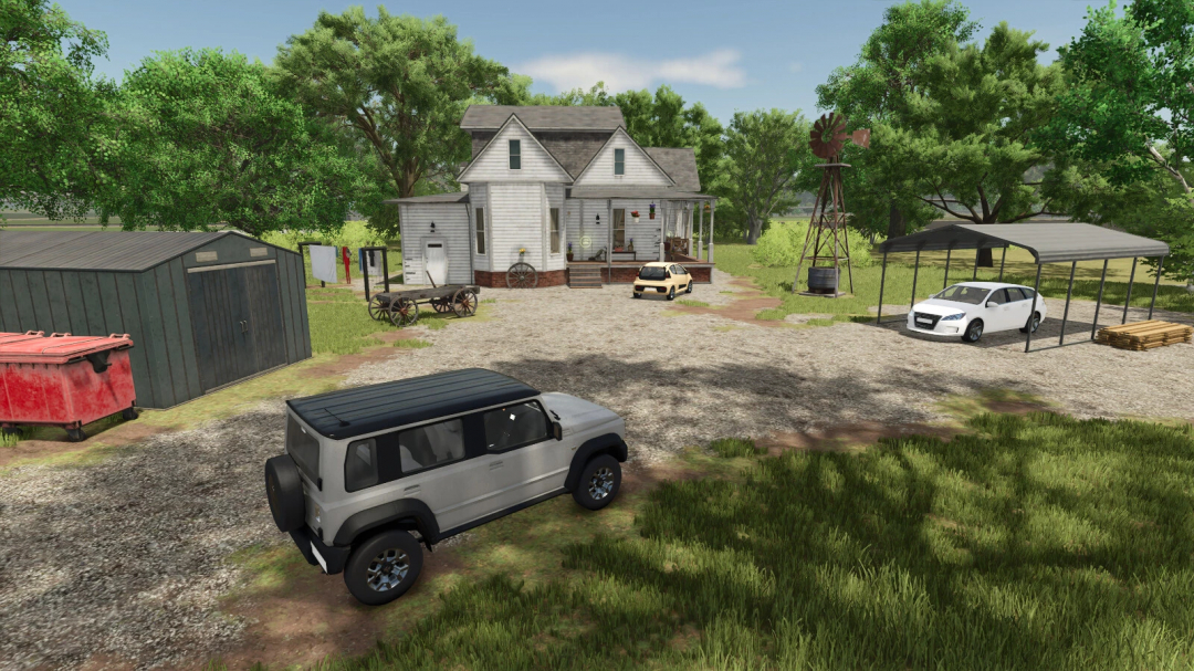Farming Simulator 25 mod showcasing a rustic farmyard with various vehicles, storage sheds, and decorative elements in a rural setting.