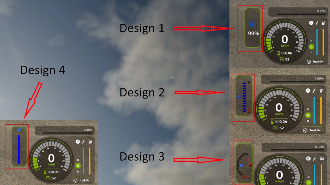 Screenshot of FS25 mod dashboard showing different design layouts with fuel and temperature indicators, labeled as Design 1, 2, 3, and 4 for Farming Simulator 25 mods.