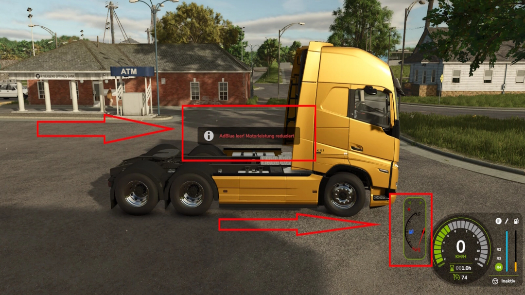 Farming Simulator 25 mod scene showing a yellow truck with dashboard alerts and warning messages, part of the Def MOD Pack v1.1.0.0.