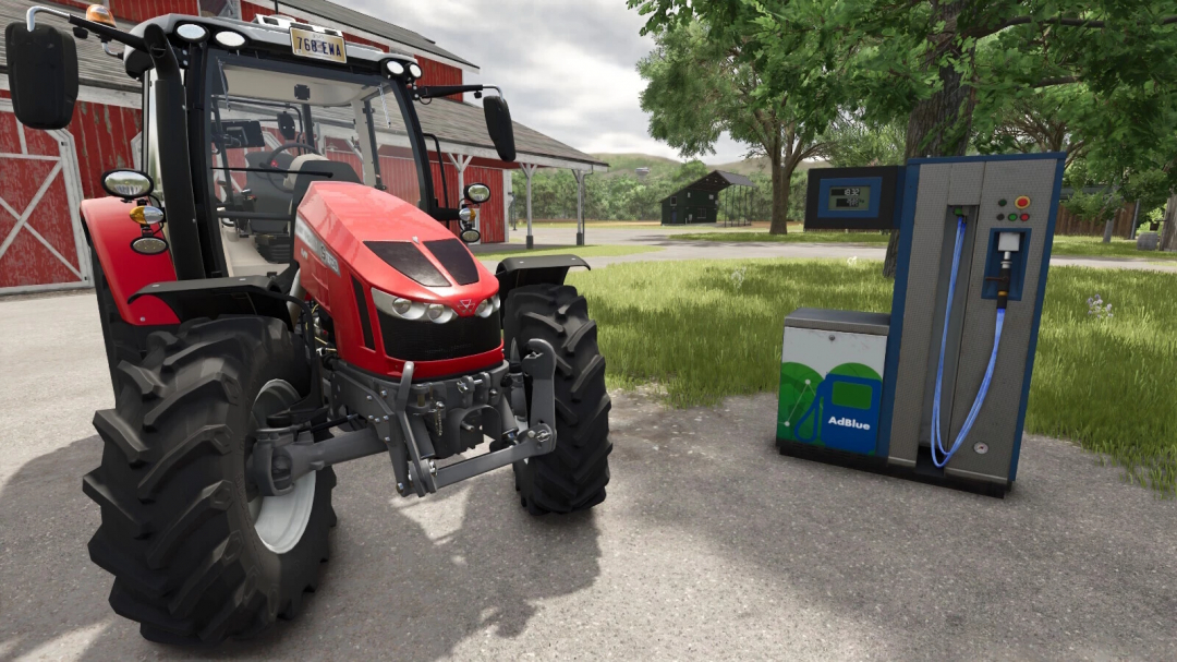 Farming Simulator 25 mod: Red tractor fueling at an AdBlue station on a farm, with a digital display and fueling equipment visible.