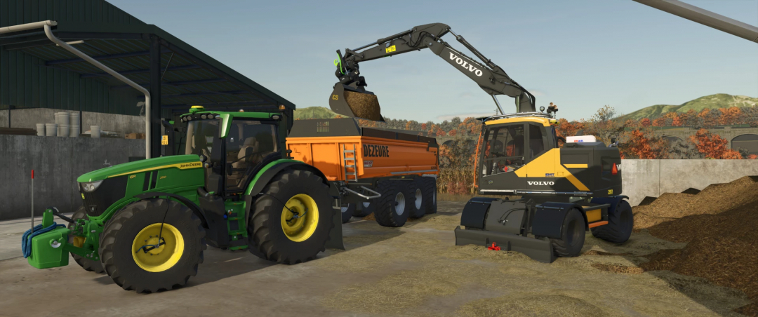 Farming Simulator 25 mods: Deere tractor with Dezure Kieper v1.0.0.0, Volvo excavator, and load of dirt in a construction setting.