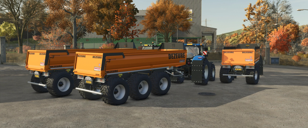 Farming Simulator 25 mods, Dezeure Kieper v1.0.0.0, three orange trailers attached to a tractor on an outdoor lot with fall trees.