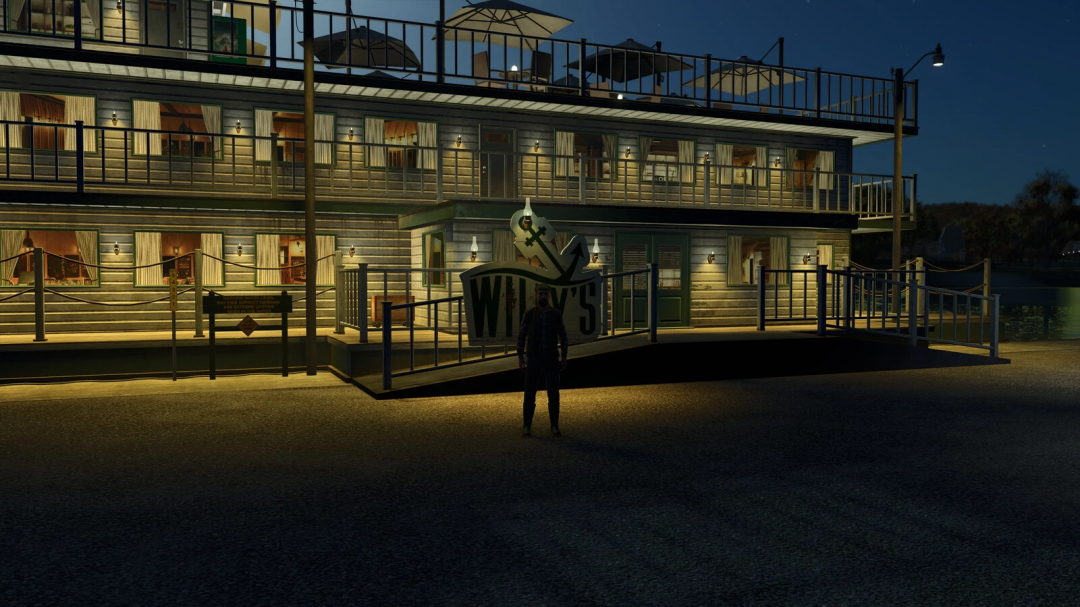 Night view of a character standing outside Wicky's restaurant in Farming Simulator 25, showcasing mod scenery and environment details.