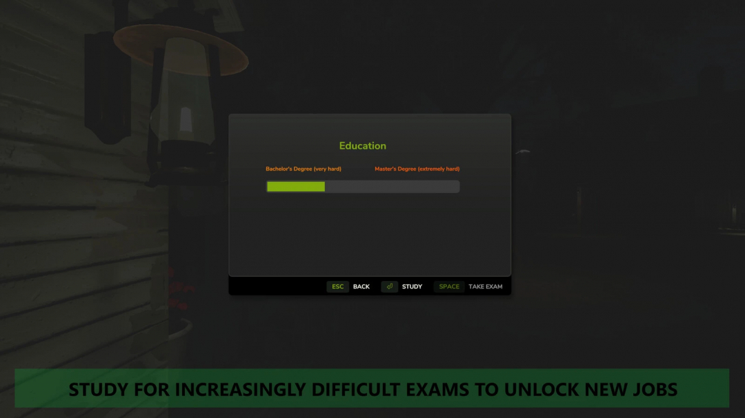 Farming Simulator 25 mod screen showing education level progress for unlocking new jobs in FS25 mods.