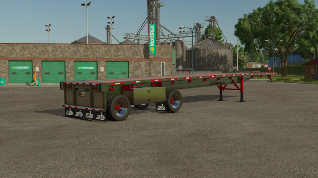 Farming Simulator 25 mod: FS25 Benson Flatbed trailer parked in a farmyard, ready for farming tasks.