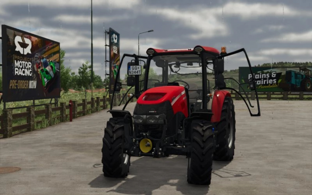 FS25 mod featuring a red Case IH Farmall tractor with transparent cabin and open doors, suitable for Farming Simulator 25.