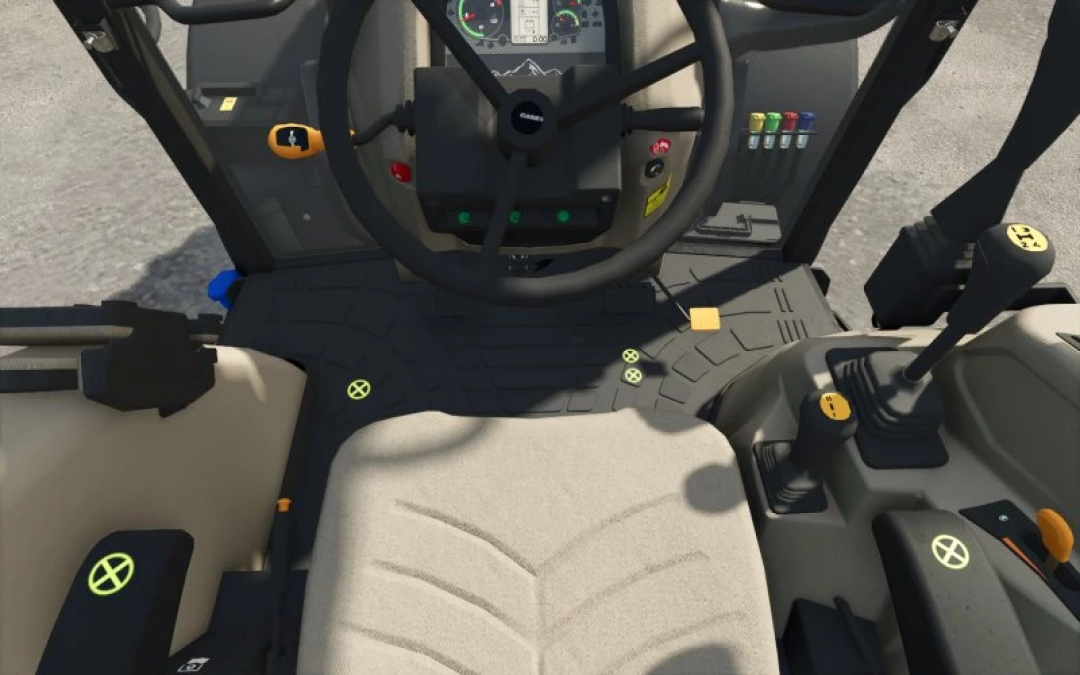 Indoor view of a farming tractor cockpit with FS25 mods, showing steering wheel, control levers, and functional dashboard.