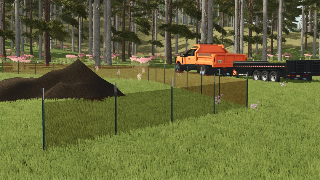 Farming Simulator 25 mods: construction fences with dark mesh, orange utility truck, forest backdrop.