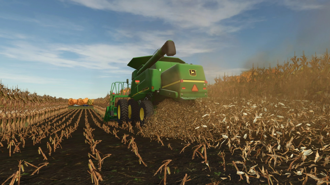 Farming Simulator 25 mod image showing a John Deere 43 Series Corn Heads harvesting crops in a soybean field.