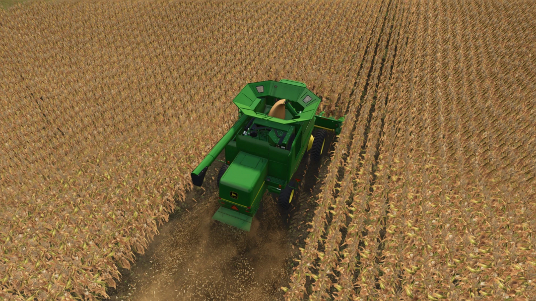 Farming Simulator 25 mod featuring a green John Deere 43 Series Corn Head harvesting a cornfield.