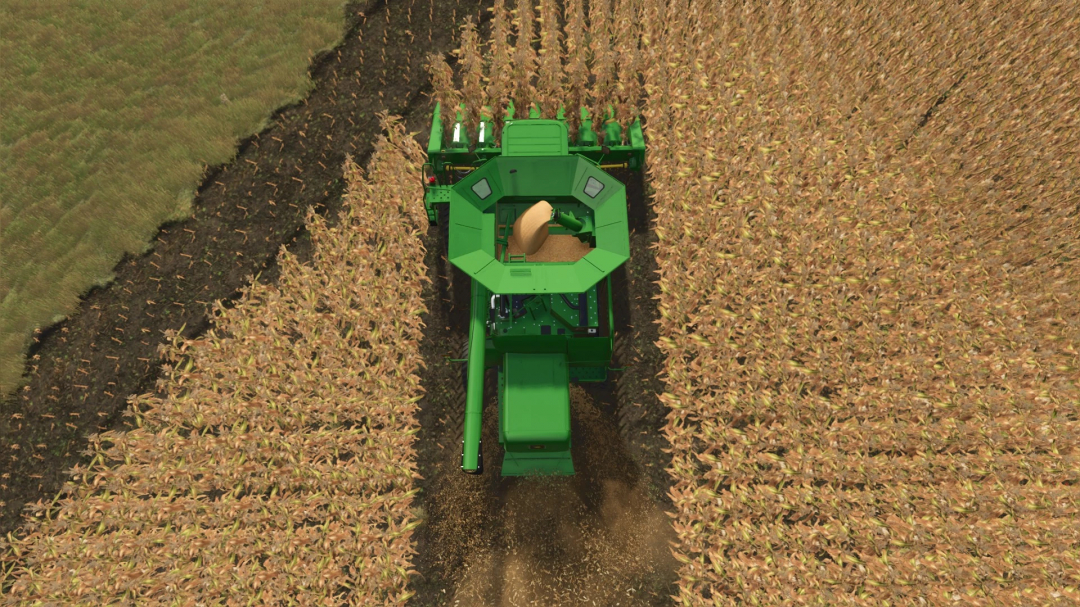 Farming Simulator 25 mod: Green grain harvester working in a cornfield, part of the FS25 John Deere 43 Series Corn Heads v1.0.0.0 mod.
