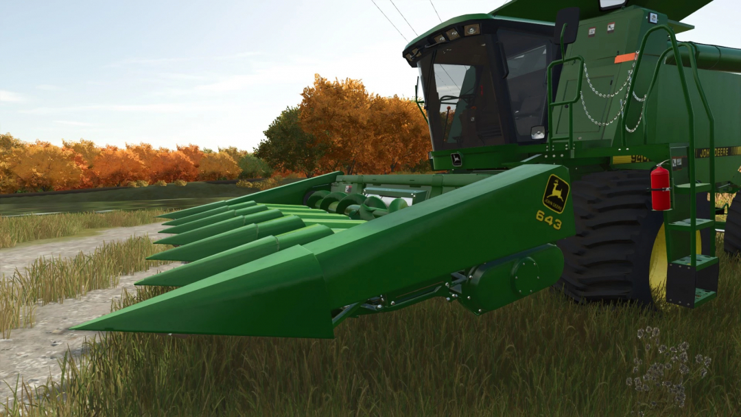 FS25 John Deere 43 Series Corn Heads v1.0.0.0, green harvesting equipment in Farming Simulator 25 with autumn trees in the background.