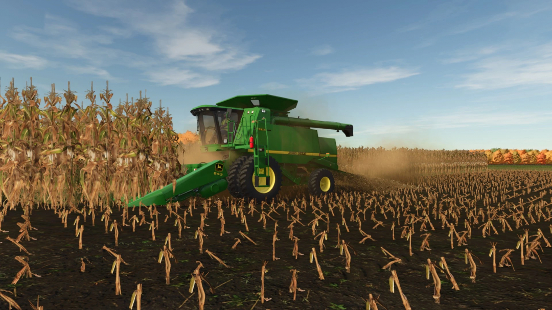 Farming Simulator 25 mod: John Deere 43 Series Corn Heads harvesting corn in a field.