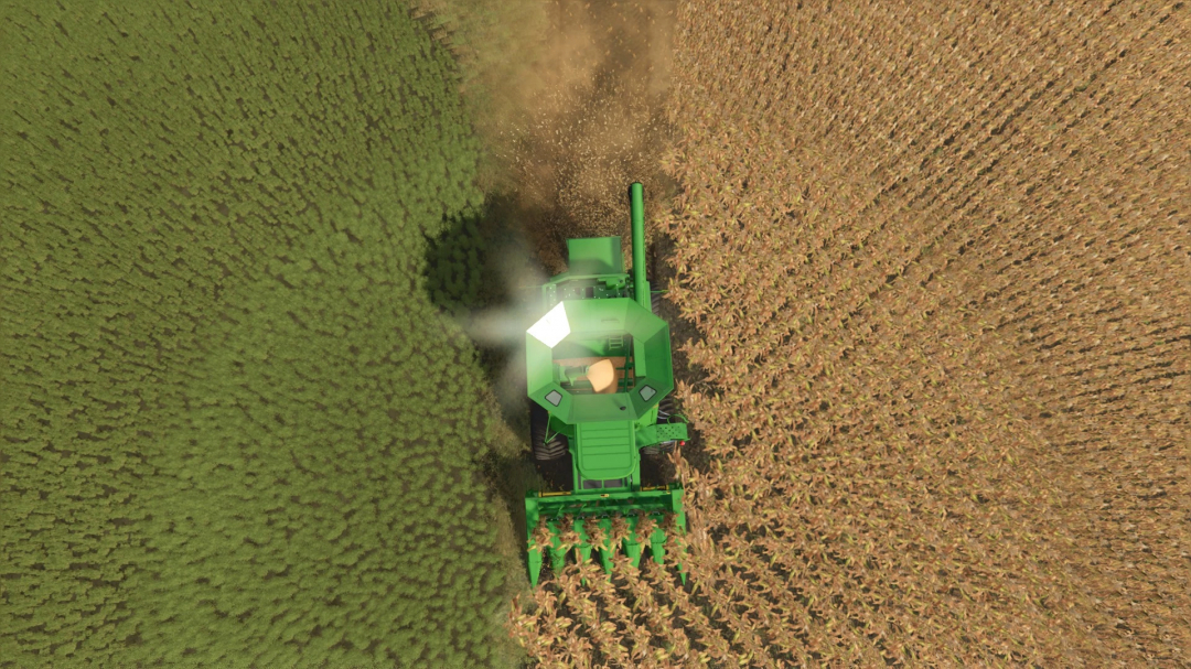 Farming Simulator 25 mod image showing a green John Deere 9400-9500 combine harvesting crops, top-down view.