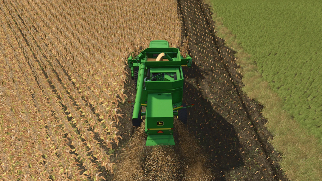 Farming Simulator 25 mod: Green John Deere combine harvesting corn in a field, realistic farming scene.