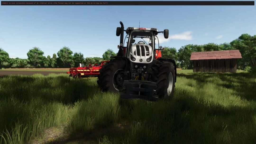 Farming Simulator 25 mod: FS25 Steyr Terrus CVT v1.2.0.0 tractor in a grassy field with a red attachment, under a clear sky.
