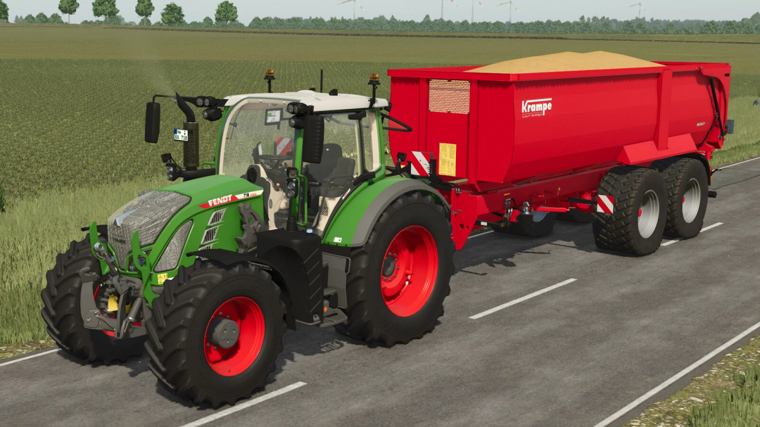 Fendt 700 Vario Gen6 tractor with Kramp trailer mod in Farming Simulator 25, detailed and realistic farming equipment.