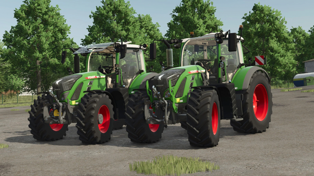 Two Fendt 700 Vario Gen6 tractors in Farming Simulator 25 mods, parked outdoors with trees in the background.