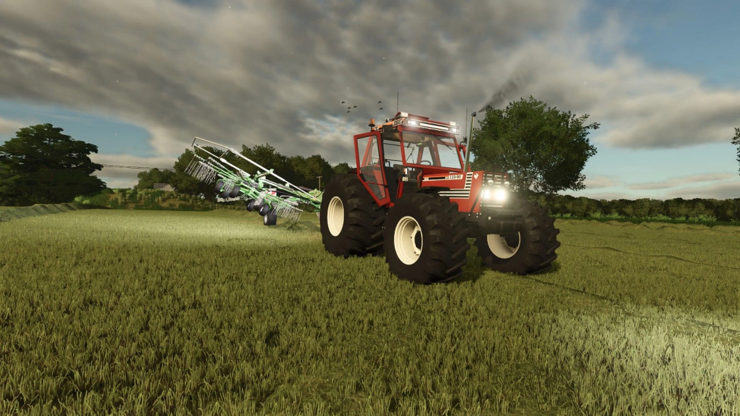 Farming Simulator 25 mod featuring a red Fiat 110-90 tractor working on a field during daytime.