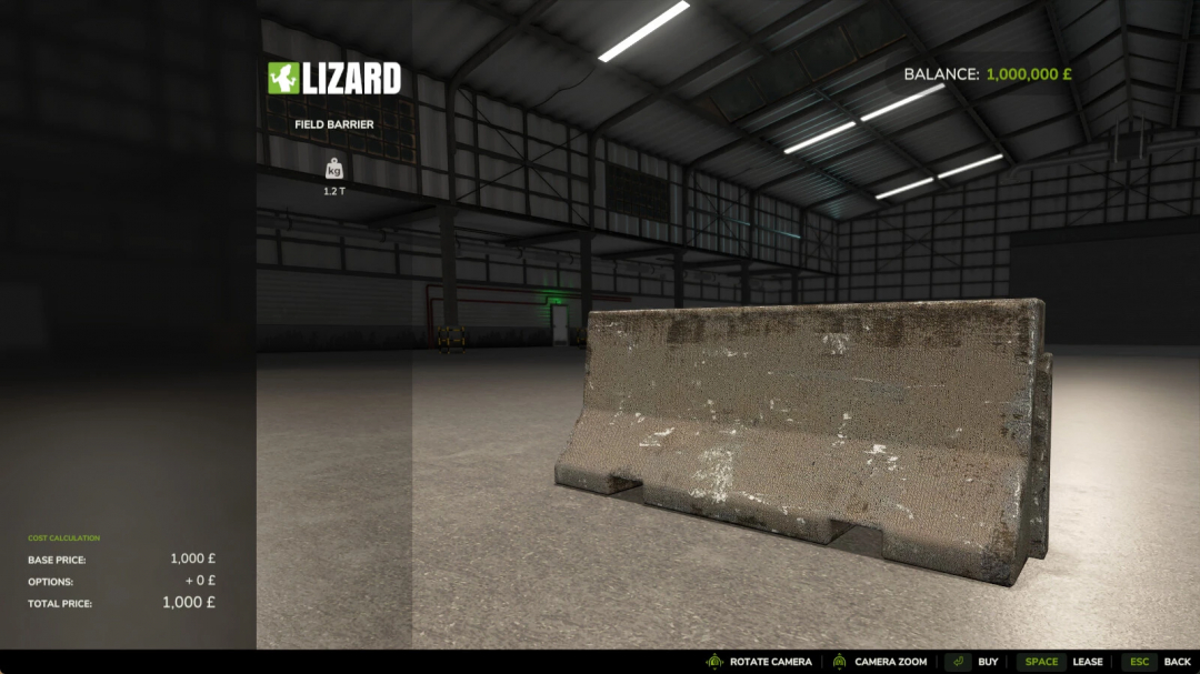 Farming Simulator 25 mod: Rusty field barrier in an industrial warehouse setting, used for farm management and safety.