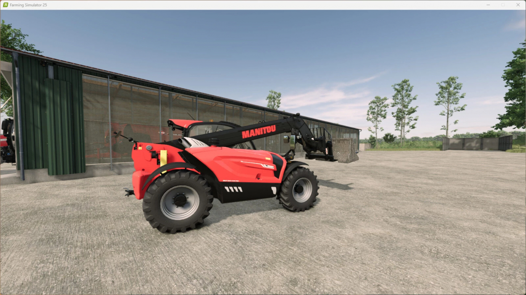Farming Simulator 25 mod: Field Barrier v1.0.0.0 with a red compact telescopic loader with a black arm, parked on a farm yard.