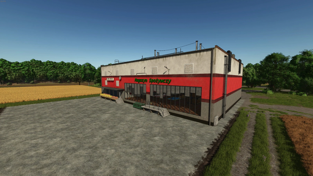 Food Warehouse mod in Farming Simulator 25, showing a large industrial food storage building with an outside loading area.