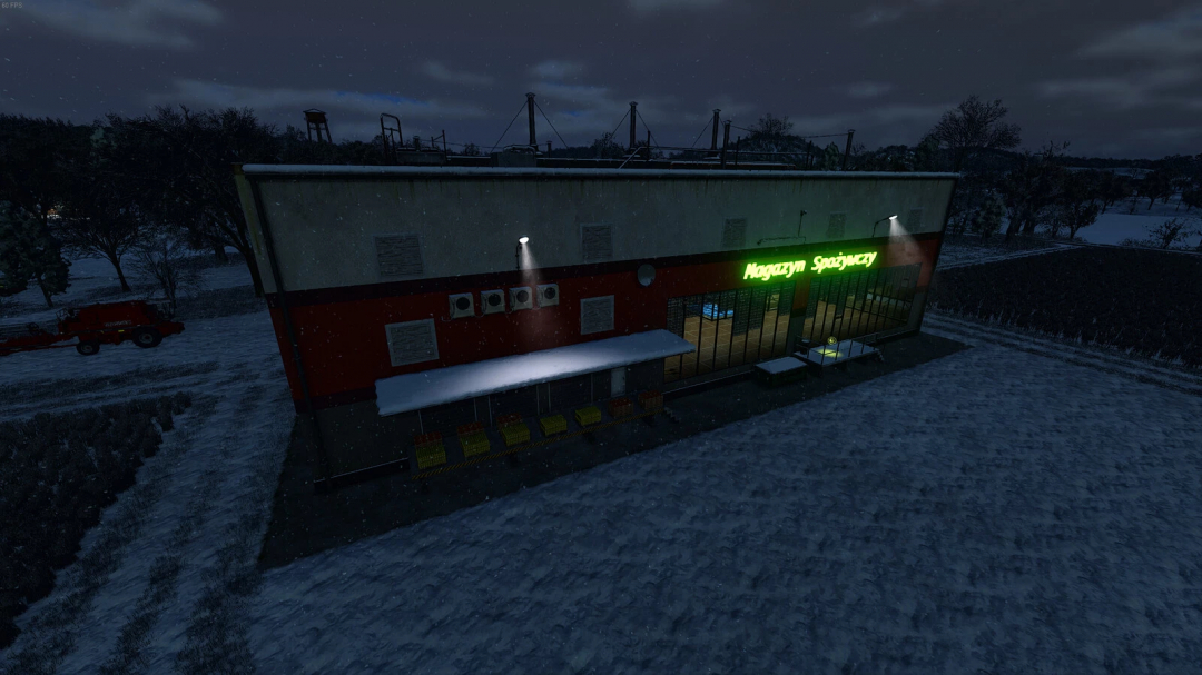 Night view of a grocery store named 'Nagyár Spájz' with illuminated green sign, snow covering the ground, in Farming Simulator 25.