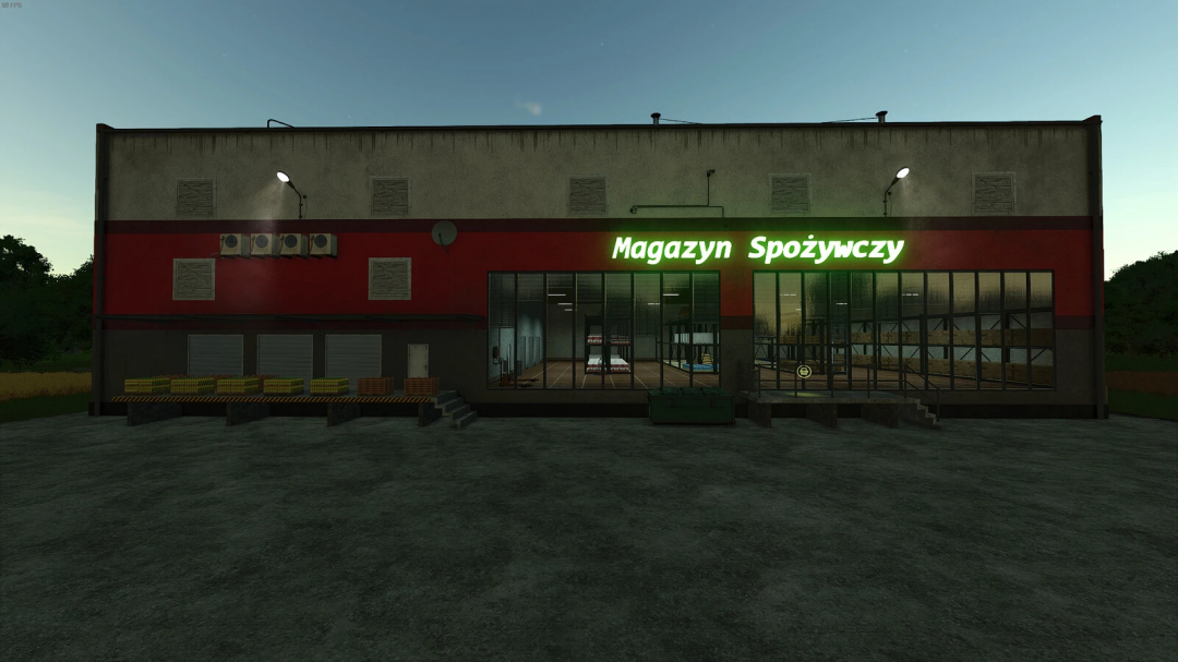 Farming Simulator 25 mod: Food Warehouse with a green neon sign reading 'Magazyn Spożywczy', showcased in-game environment.